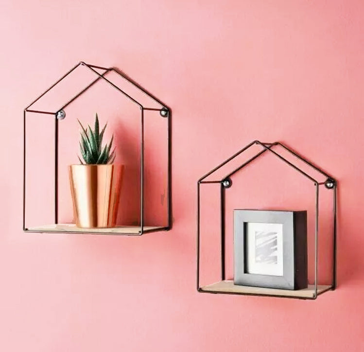 Tromso Set of 2 Large & Small Black Metal Wire Floating Wall Shelves