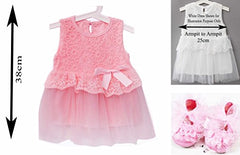 Baby Girls Pink Daisy Embroidered Lace Sleeveless Lined Dress with Satin Bow & Lace Shoes 6-12 Months