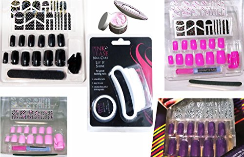 False Nails 6pc Set & Nail Buffer & Buffing Cream with Nail Art Decorations