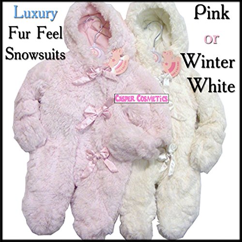 Baby Girl Luxury Fur Feel Lined Hooded Snowsuit with Satin Bows Pink 6 months