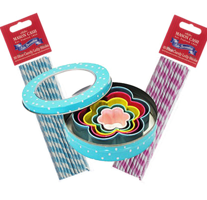 Fanci Baking 5 Pastel Metal Flower Cookie Cutters in Blue Tin & 40 Candy Lolly Sticks