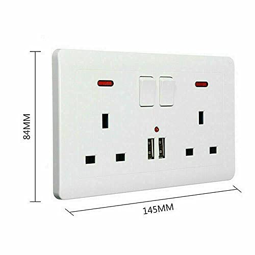 Double Switched Power Socket with 2 USB Charging Ports, Power Indicator, 2 Gang, 13 Amp, White
