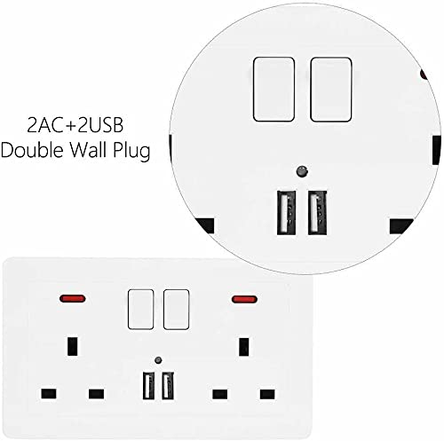 Double Switched Power Socket with 2 USB Charging Ports, Power Indicator, 2 Gang, 13 Amp, White