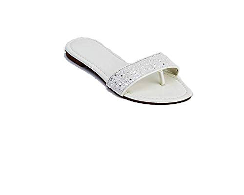 Ladies Glitter Encrusted Thong Slider Sandals in Black, White, Silver or Gold