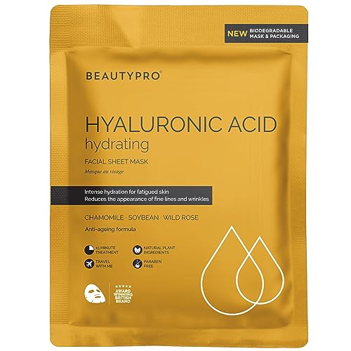 BEAUTYPRO HYALURONIC ACID Hydrating Facial Sheet Mask - 100% Biodegradable | Hydrating Beauty Face Mask | Infused with Hyaluronic Acid | Korean Skin Care | Multi-Award Winnin