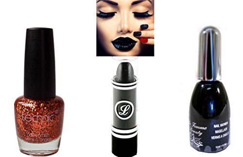 Black & Bronze Orange Glitter Varnish Set with Black Lipstick 3pc Set