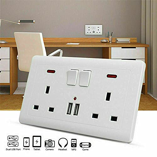 Double Switched Power Socket with 2 USB Charging Ports, Power Indicator, 2 Gang, 13 Amp, White