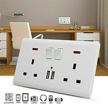 Double Switched Power Socket with 2 USB Charging Ports, Power Indicator, 2 Gang, 13 Amp, White