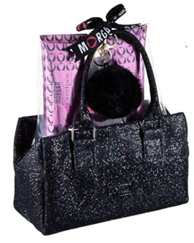 Morgan Black Glitter Bag Filled with 3pc Bath & Body Gift Set & Pom Pom Keyring & Ribbon