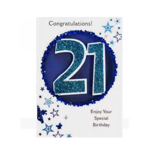 Birthday Card & Envelope 21st Turquoise & Blue Glitter