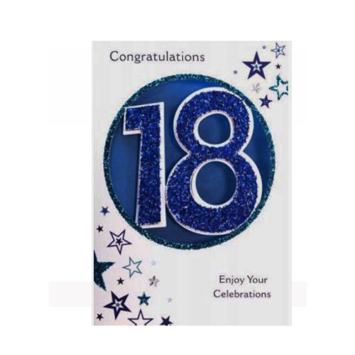 Birthday Card & Envelope 18th Blue Glitter