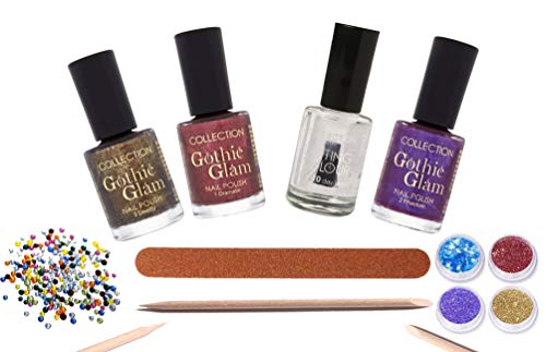 Collection Gothic Glam Nail Polish x 7 Joblot Bundle Set Dark Red/Black Gold/Dark Purple/Dark Clear Topcoat, Nail File, Cuticle Stick Nail, Gems & Glitter Complete Set