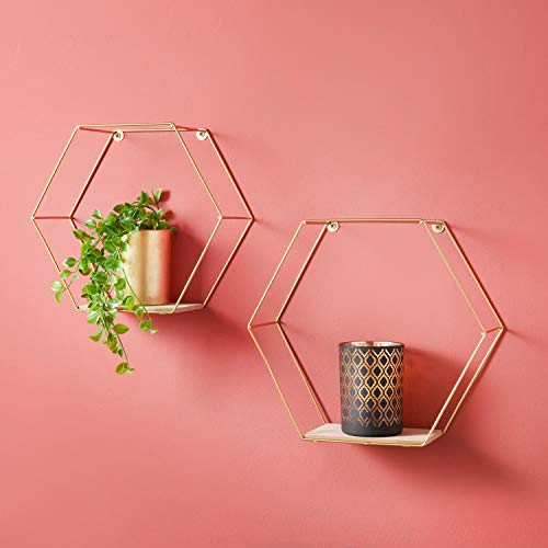 Tromso Set of 2 Gold Metal Wire Floating Wall Hexagon Shelves Large 30cm & Small 27cm