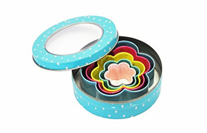 Fanci Baking 5 Pastel Metal Flower Cookie Cutters in Blue Tin & 40 Candy Lolly Sticks