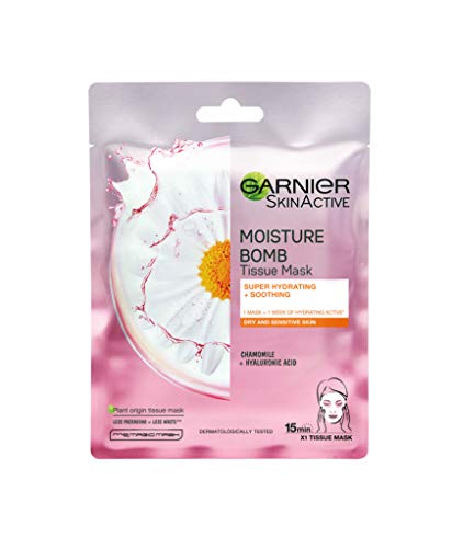 Garnier Moisture Bomb Chamomile and Hyaluronic Acid Sheet Mask, Hydrating & Soothing Face Mask, For Sensitive Skin, Biodegradable and Vegan Tissue, 28 g