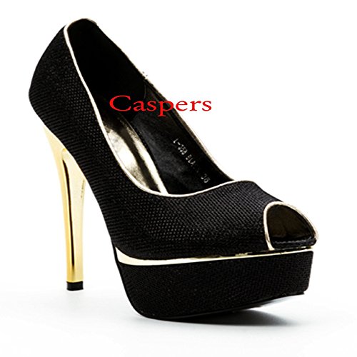 Ladies Black Textured Shimmer Peep Toe Platform Shoes with High Gold Heels UK 4