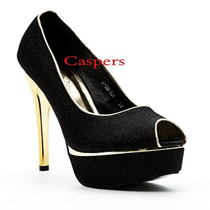 Ladies Black Textured Shimmer Peep Toe Platform Shoes with High Gold Heels UK 4
