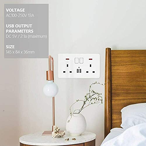 Double Switched Power Socket with 2 USB Charging Ports, Power Indicator, 2 Gang, 13 Amp, White