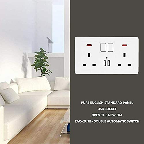 Double Switched Power Socket with 2 USB Charging Ports, Power Indicator, 2 Gang, 13 Amp, White