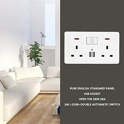Double Switched Power Socket with 2 USB Charging Ports, Power Indicator, 2 Gang, 13 Amp, White