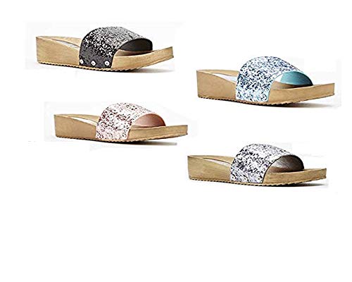 Ladies Glitter Mule Slip On Wedged Sandals in a Choice of Black, Silver Grey, Light Blue or Champange