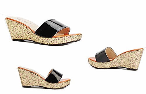 Ladies Gold Glitter Wedged Heel Slip-on Black Sandals in UK 5 EU/38