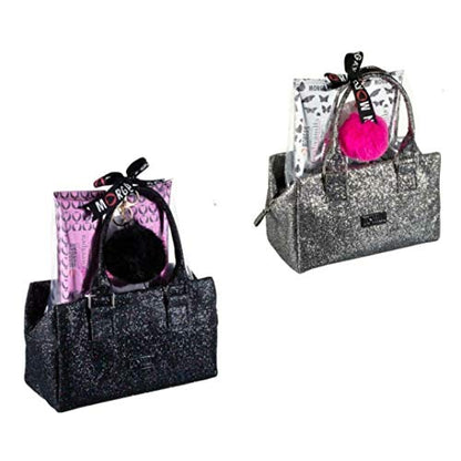 Morgan Black Glitter Bag Filled with 3pc Bath & Body Gift Set & Pom Pom Keyring & Ribbon