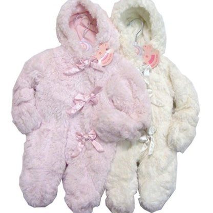 Baby Girl Luxury Fur Feel Lined Hooded Snowsuit with Satin Bows Pink 6 months