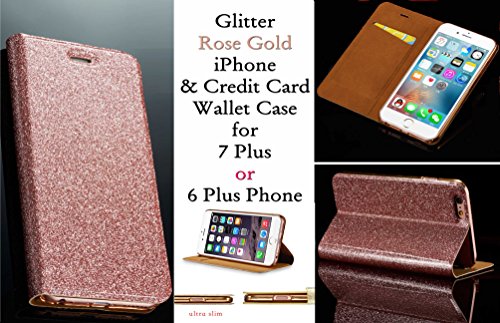 iPhone 7 Plus or 6 Plus Glitter Rose Gold Phone Case & Card Holder Wallet with Magnetic Clasp