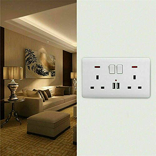 Double Switched Power Socket with 2 USB Charging Ports, Power Indicator, 2 Gang, 13 Amp, White