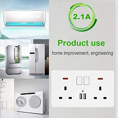 Double Switched Power Socket with 2 USB Charging Ports, Power Indicator, 2 Gang, 13 Amp, White