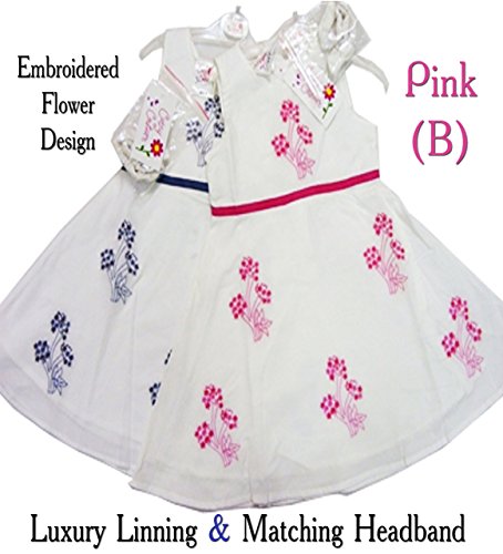 Girls Luxury Couture Lined Dress White & Pink Embroidered Detail & Headband 4 Years (B)