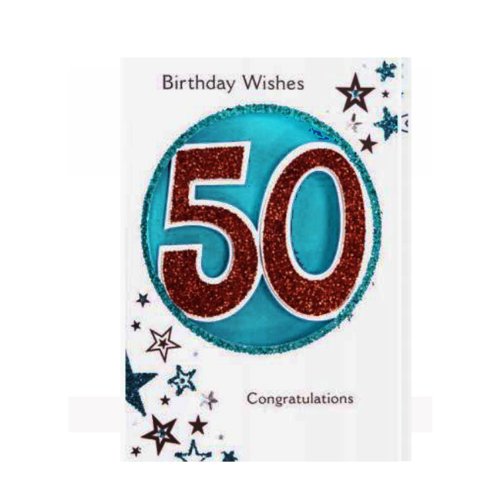 Birthday Card & Envelope 50th Turquoise & Bronze Glitter