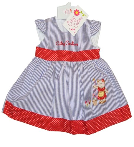 Cutey Couture Baby Dress & Knickers Blue & White Stripe & Teddy Detail 6-12 Months