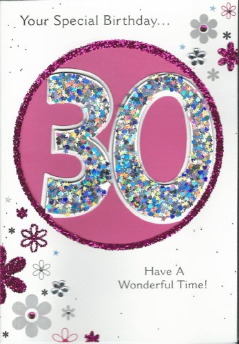 Birthday Card & Envelope 30th Pink Glitter