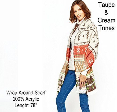 Ladies Cape Style Wrap Round Wool Feel Scarf in Taupe & Cream Tones Free Size