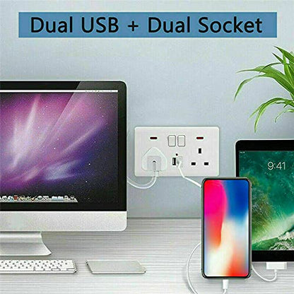 Double Switched Power Socket with 2 USB Charging Ports, Power Indicator, 2 Gang, 13 Amp, White
