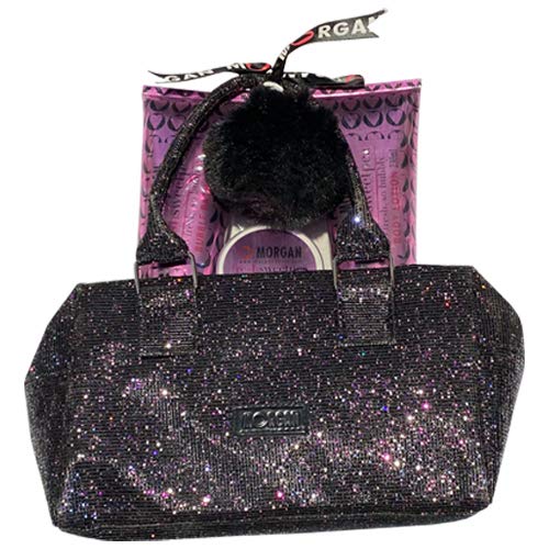 Morgan Black Glitter Bag Filled with 3pc Bath & Body Gift Set & Pom Pom Keyring & Ribbon