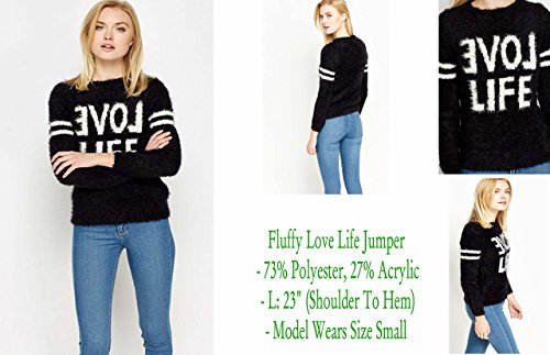 Black with White Detail Ladies Fluffy Jumper with Love Life Detail to Front UK Small 8/10